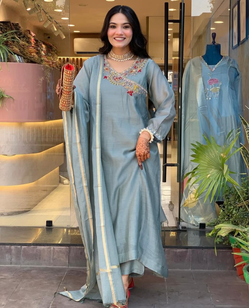 Dusty Blue Embroidered Kurta Set with Elegant Dupatta