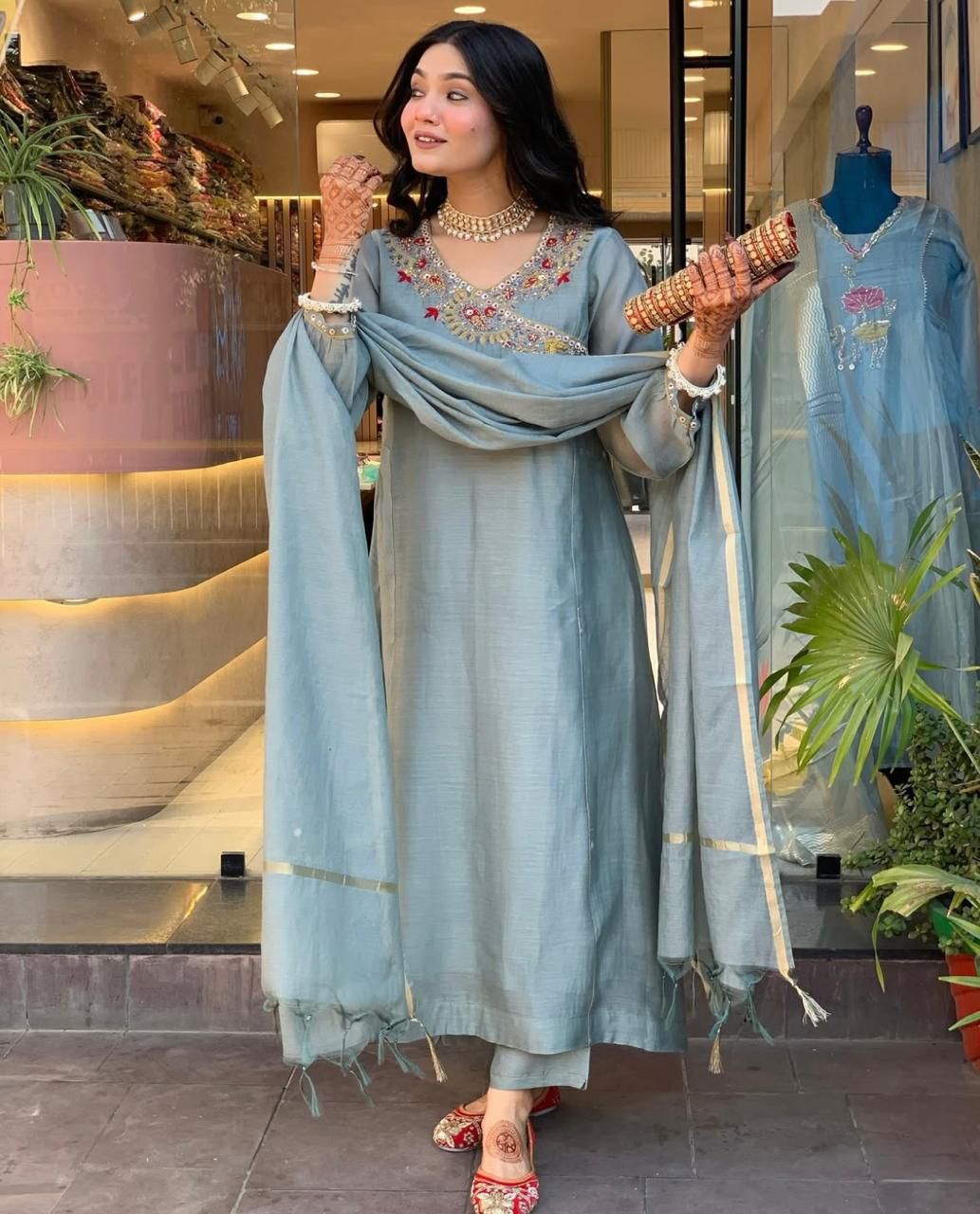 Dusty Blue Embroidered Kurta Set with Elegant Dupatta