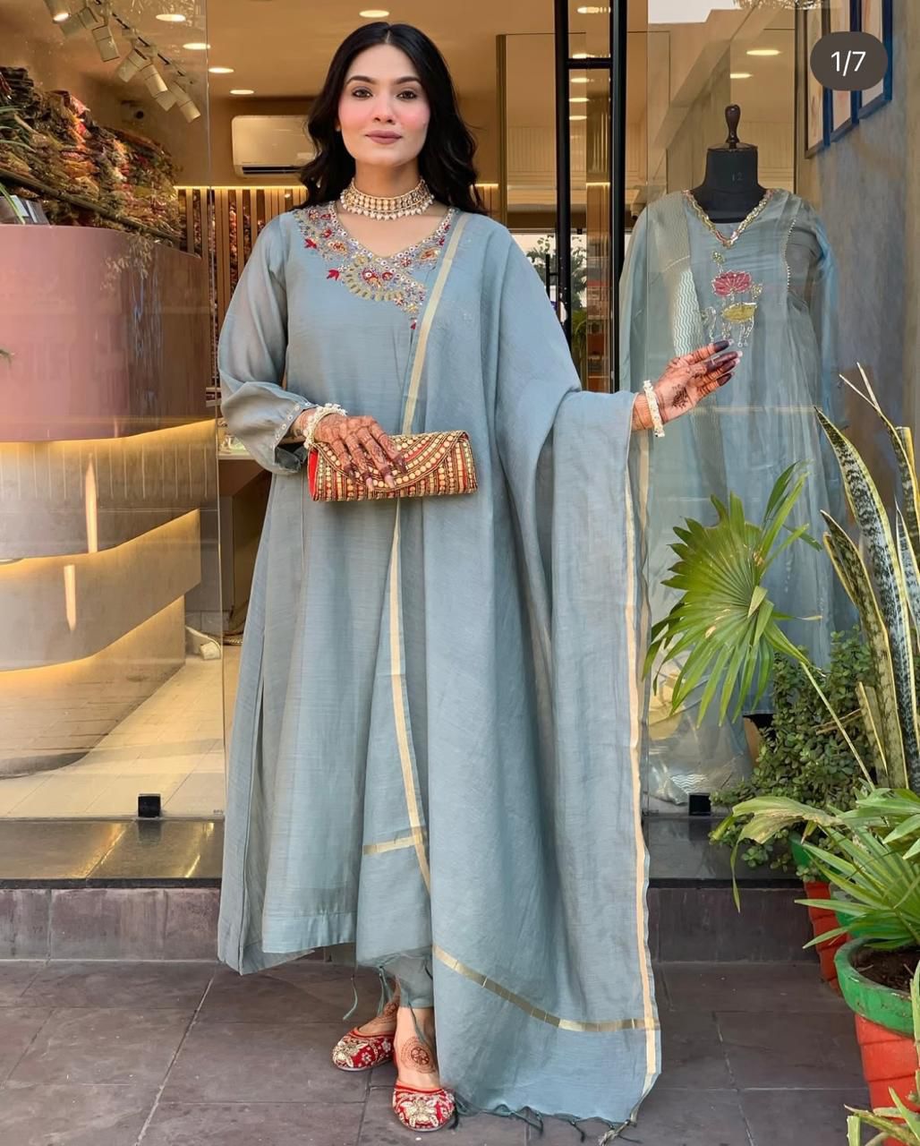 Dusty Blue Embroidered Kurta Set with Elegant Dupatta