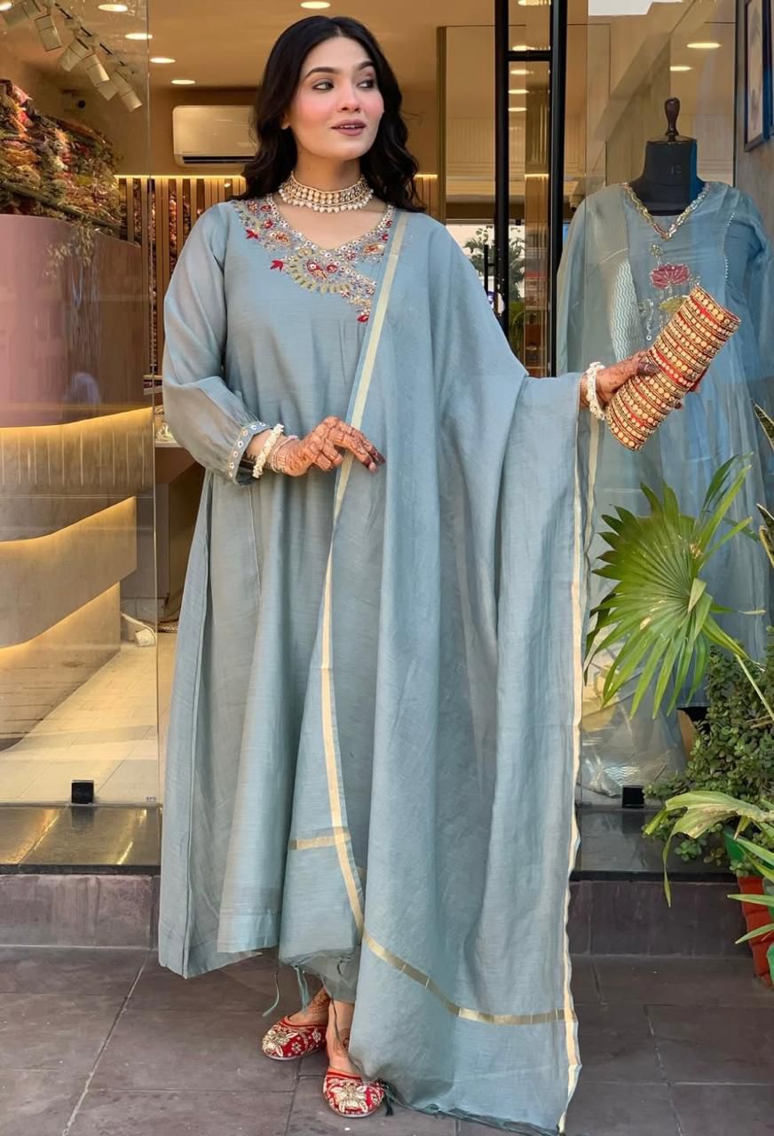 Dusty Blue Embroidered Kurta Set with Elegant Dupatta