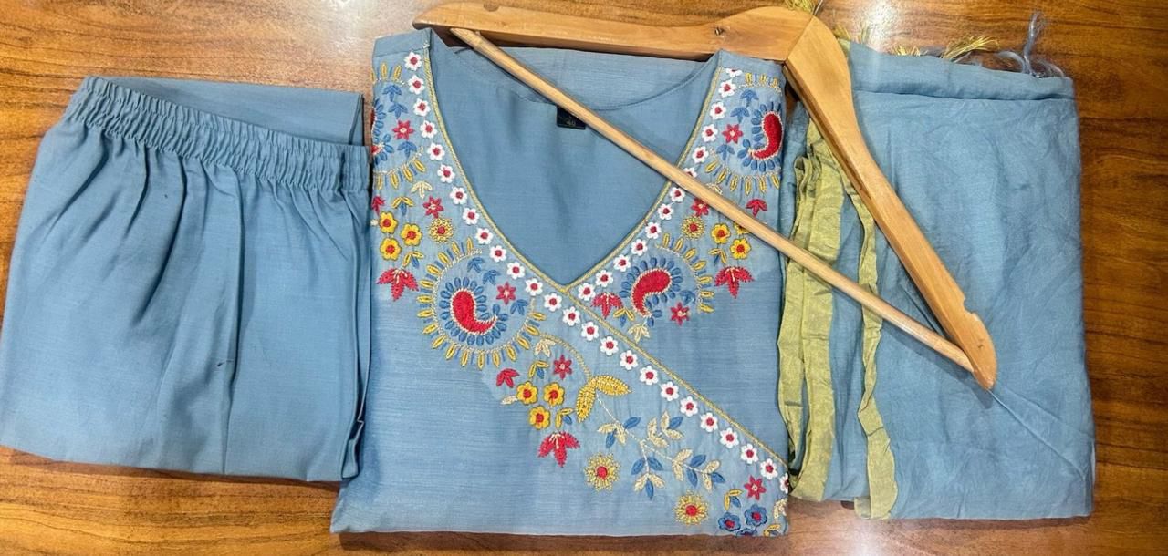 Dusty Blue Embroidered Kurta Set with Elegant Dupatta