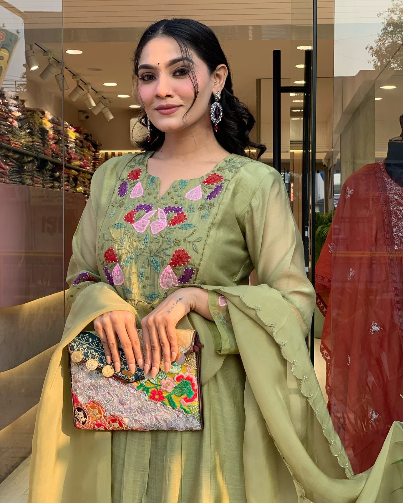 Olive Green Anarkali Kurta Set with Embroidered Dupatta
