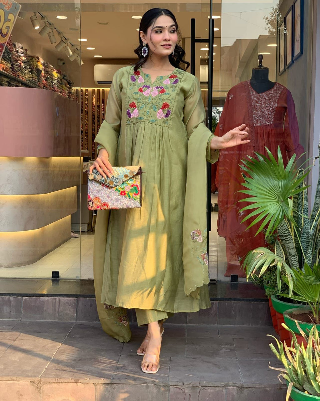 Olive Green Anarkali Kurta Set with Embroidered Dupatta