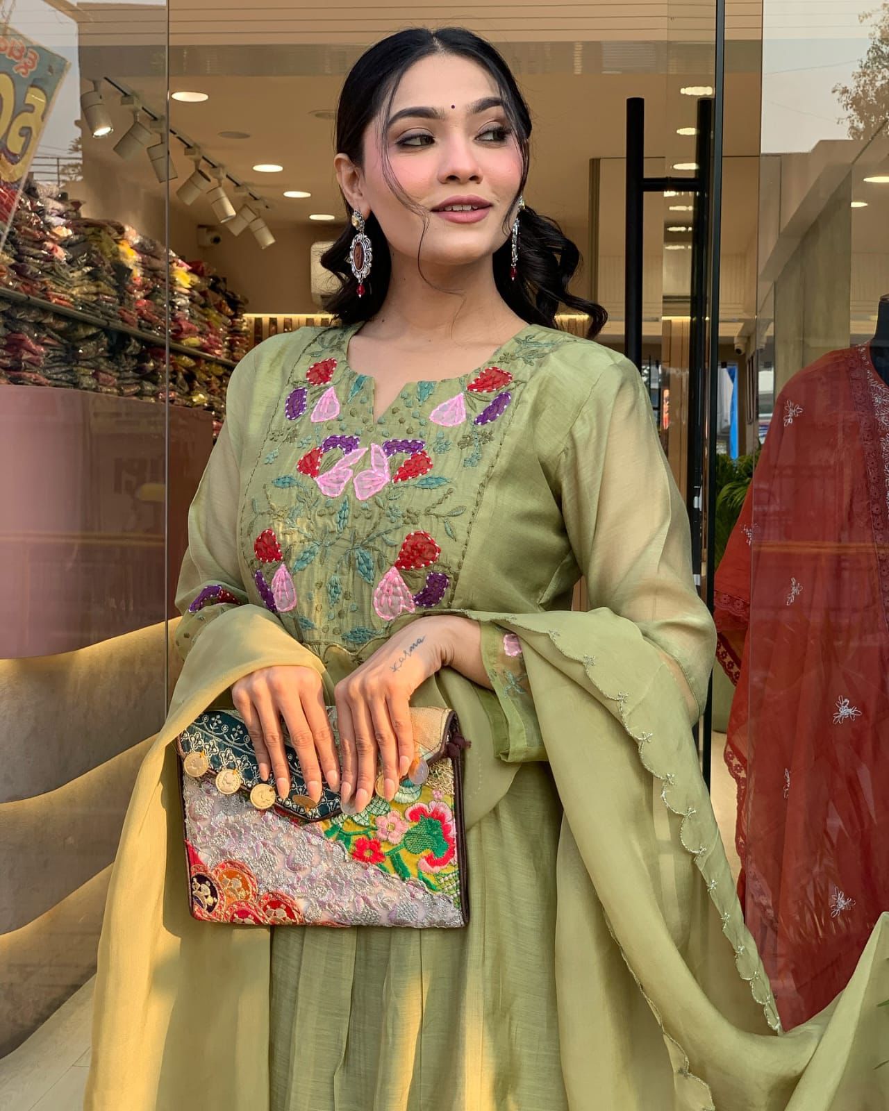 Olive Green Anarkali Kurta Set with Embroidered Dupatta