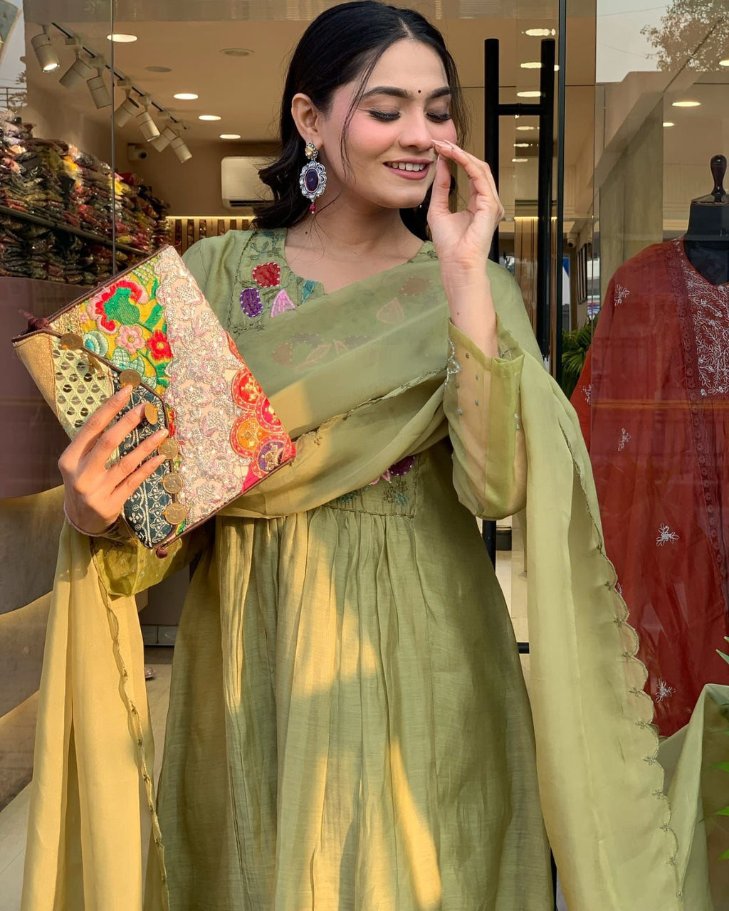 Olive Green Anarkali Kurta Set with Embroidered Dupatta