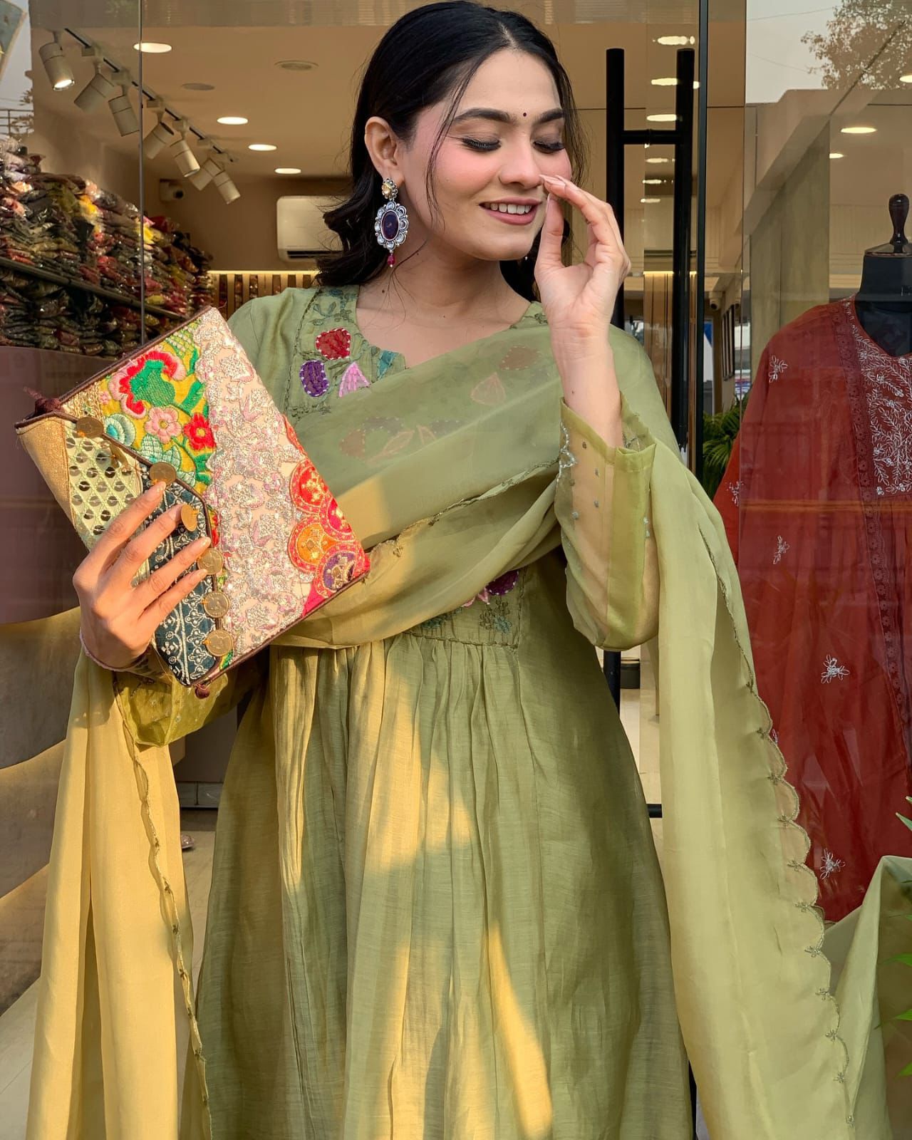 Olive Green Anarkali Kurta Set with Embroidered Dupatta