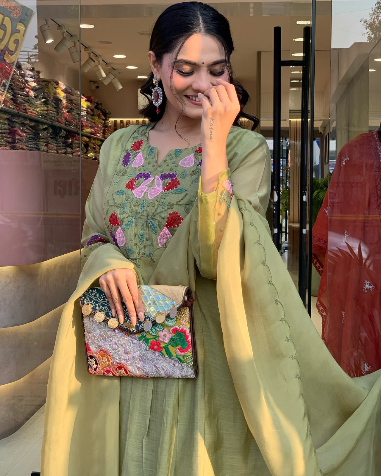 Olive Green Anarkali Kurta Set with Embroidered Dupatta