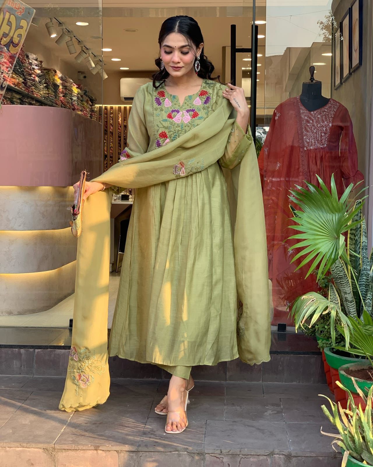 Olive Green Anarkali Kurta Set with Embroidered Dupatta