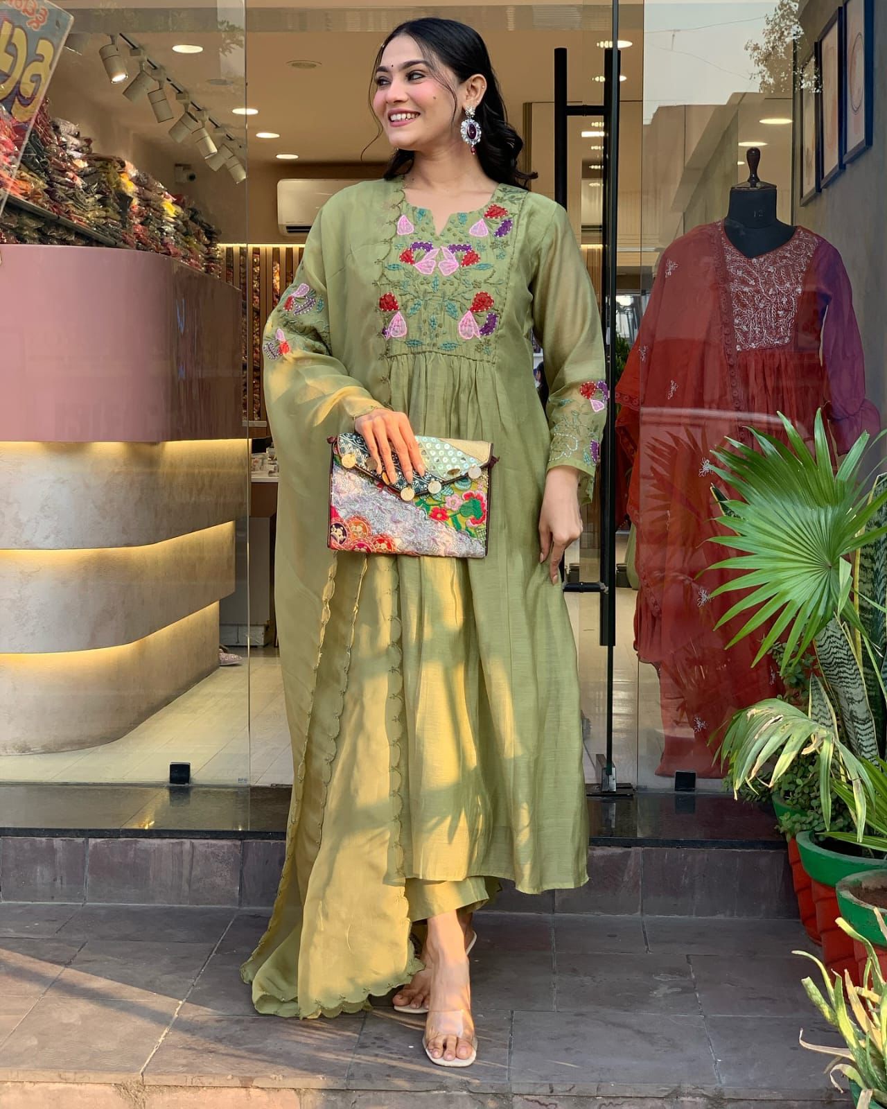 Olive Green Anarkali Kurta Set with Embroidered Dupatta