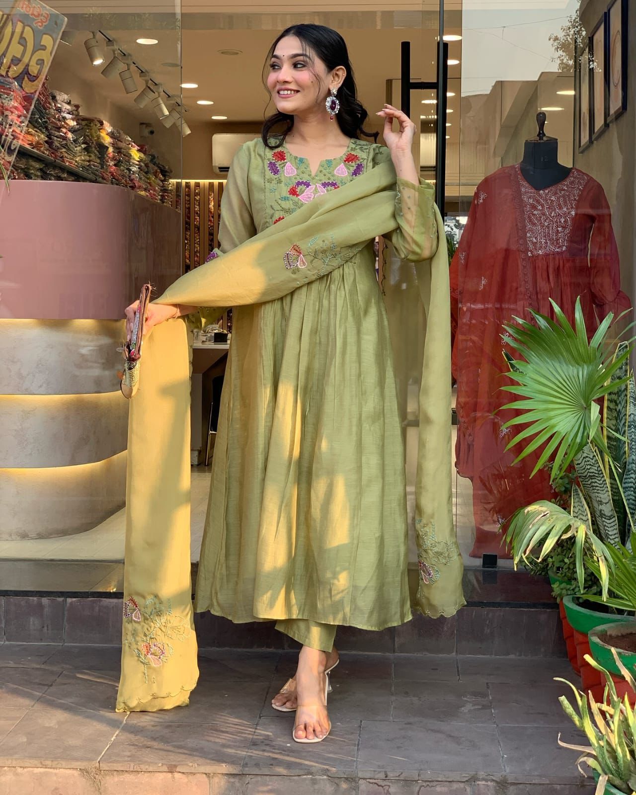 Olive Green Anarkali Kurta Set with Embroidered Dupatta
