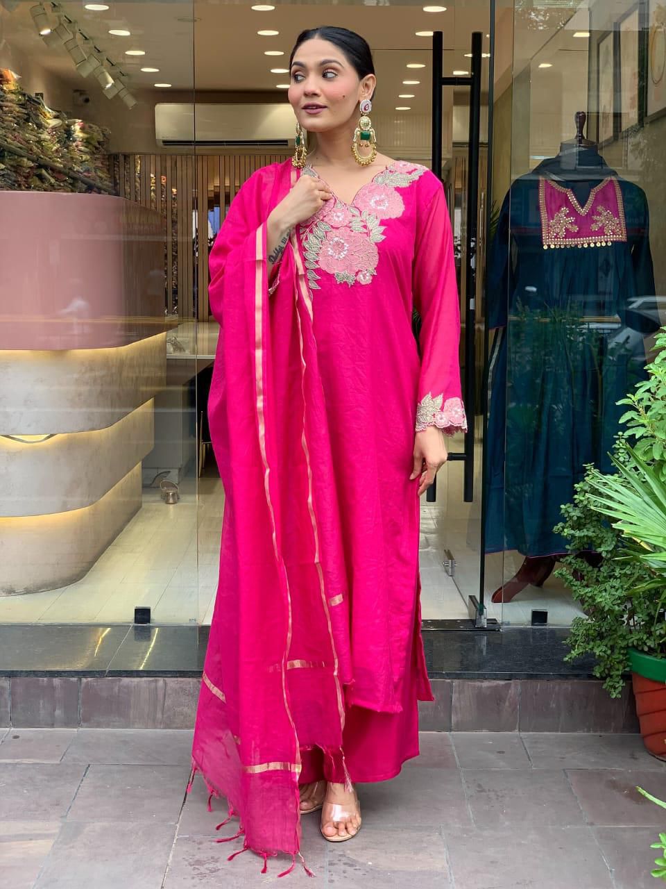 Elegant Fuchsia Pink Embroidered Kurta Set with Dupatta