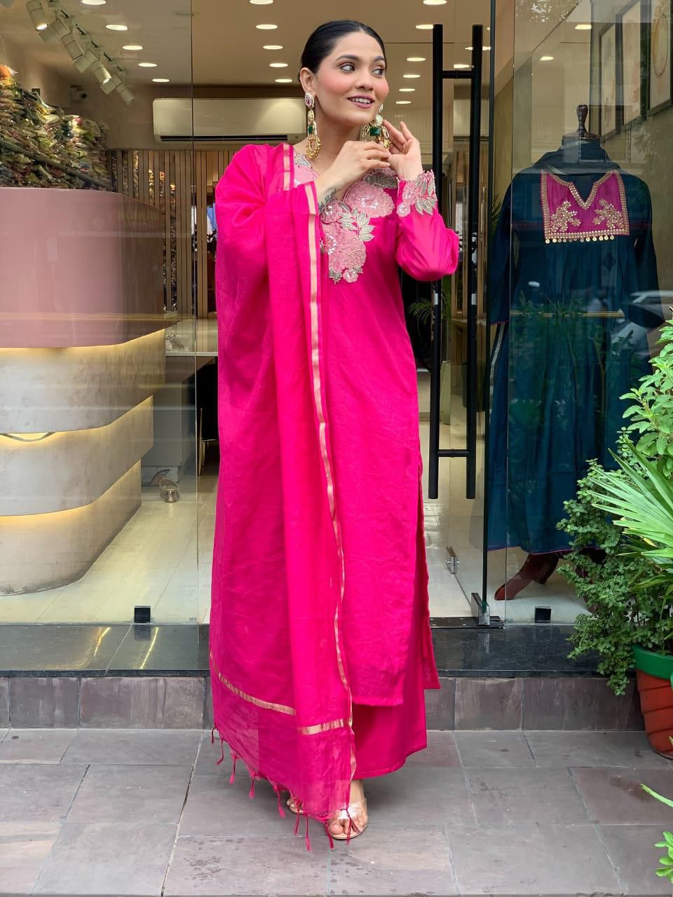Elegant Fuchsia Pink Embroidered Kurta Set with Dupatta