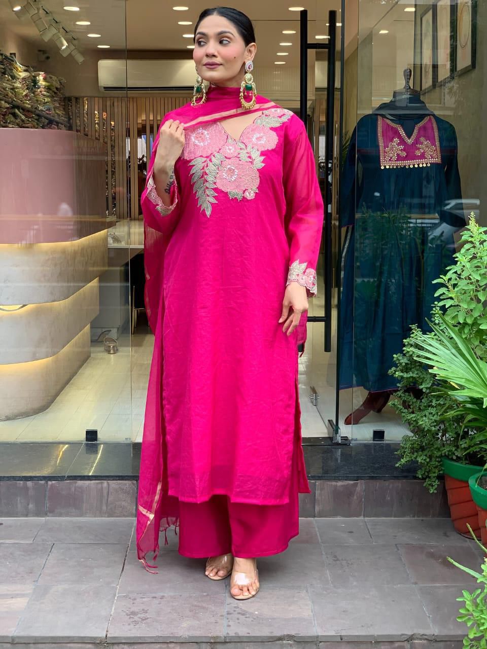 Elegant Fuchsia Pink Embroidered Kurta Set with Dupatta