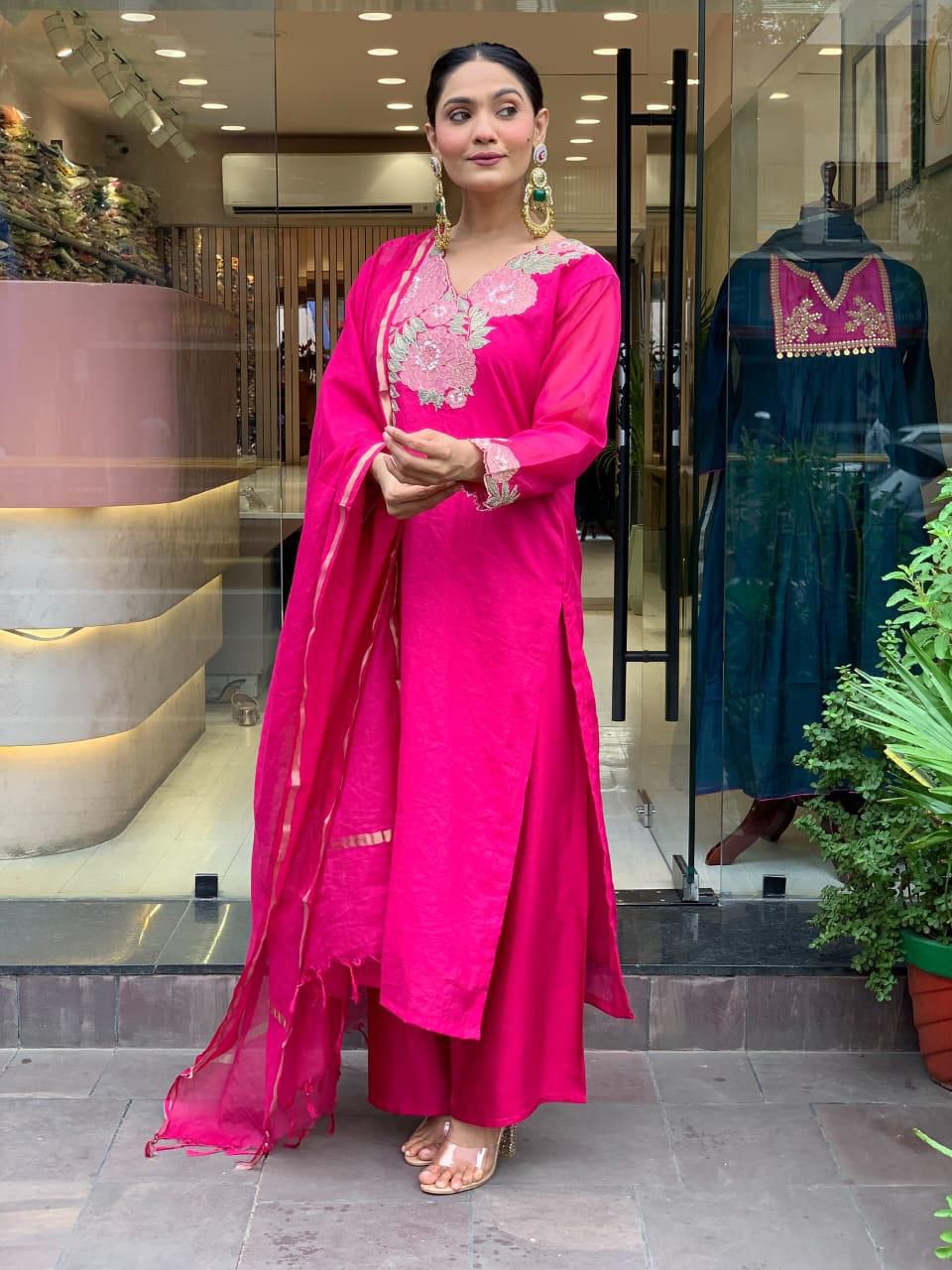 Elegant Fuchsia Pink Embroidered Kurta Set with Dupatta