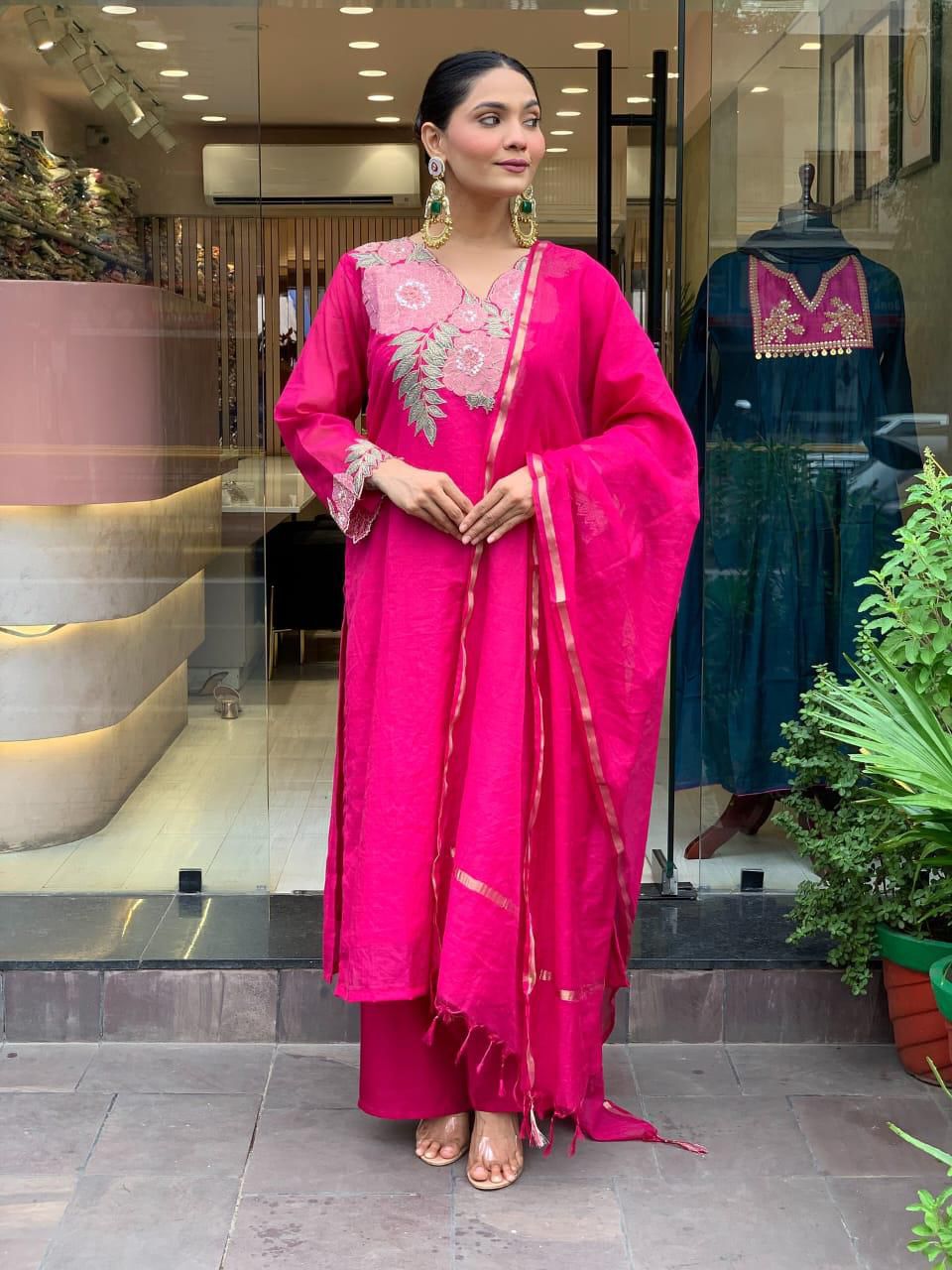 Elegant Fuchsia Pink Embroidered Kurta Set with Dupatta