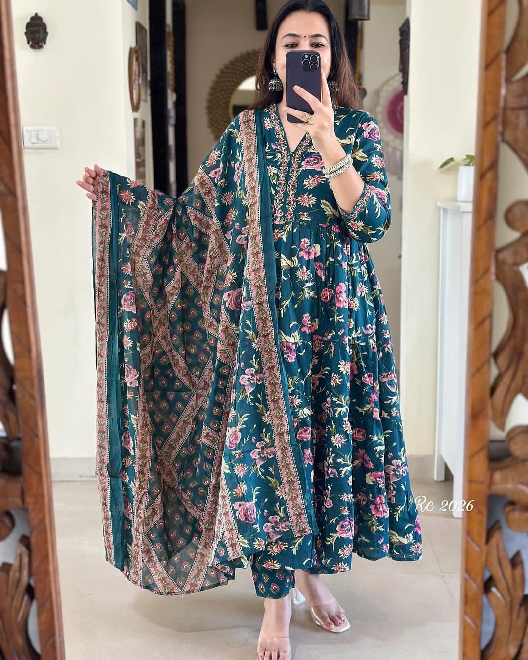 Green Floral Anarkali Kurti Set with Dupatta – Elegant Women’s Ethnic Wear