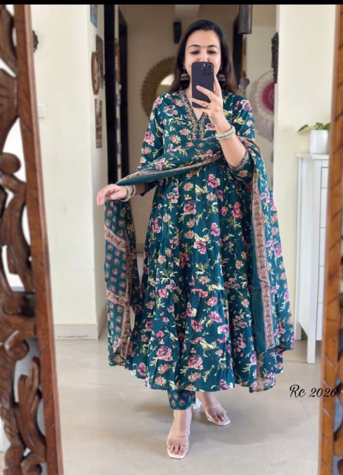 Green Floral Anarkali Kurti Set with Dupatta – Elegant Women’s Ethnic Wear