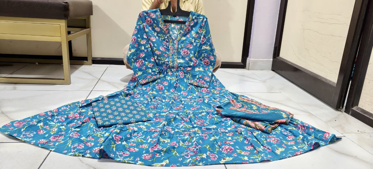 Green Floral Anarkali Kurti Set with Dupatta – Elegant Women’s Ethnic Wear