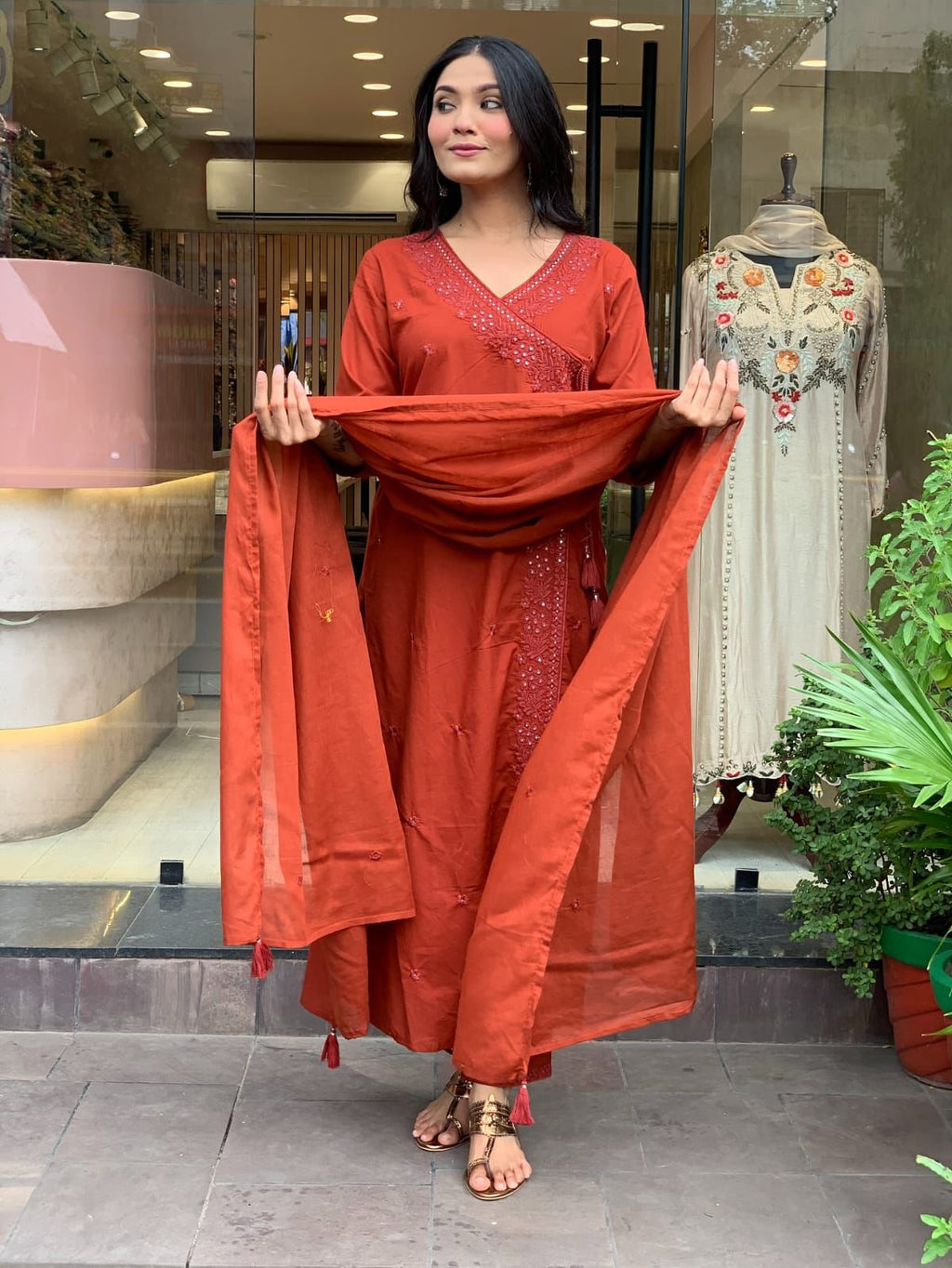Rust Orange Embroidered Straight Kurta Set with Dupatta – Festive & Party Wear for Women