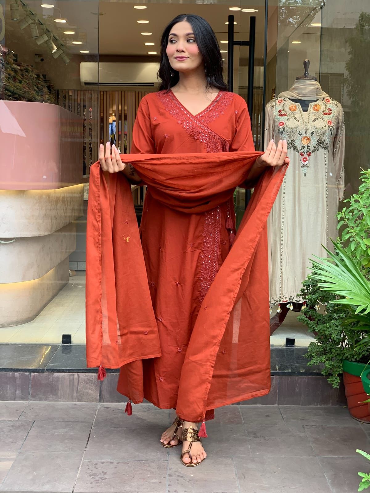 Rust Orange Embroidered Straight Kurta Set with Dupatta – Festive & Party Wear for Women
