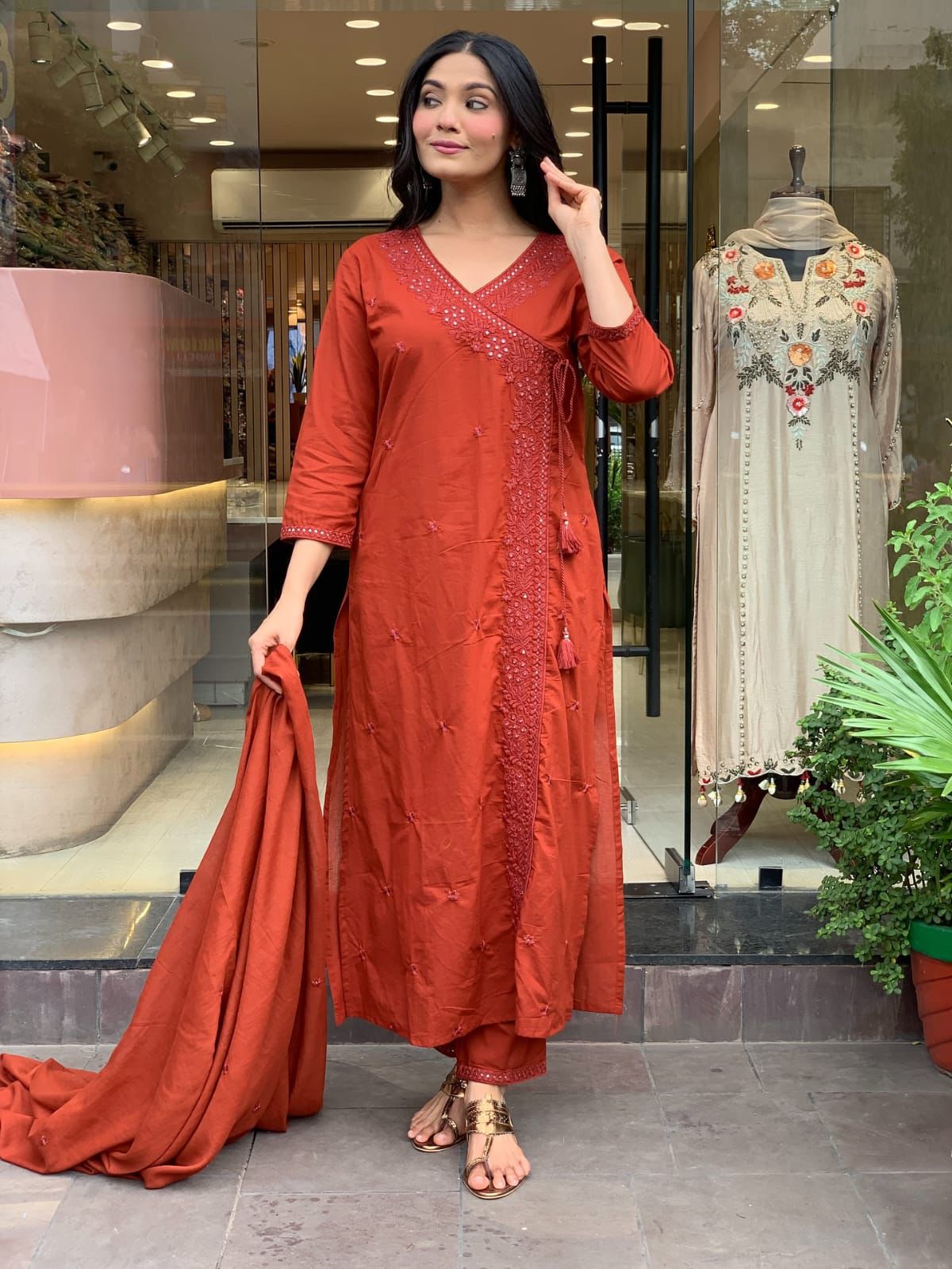 Rust Orange Embroidered Straight Kurta Set with Dupatta – Festive & Party Wear for Women