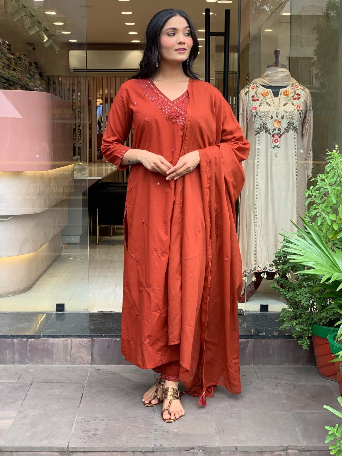Rust Orange Embroidered Straight Kurta Set with Dupatta – Festive & Party Wear for Women