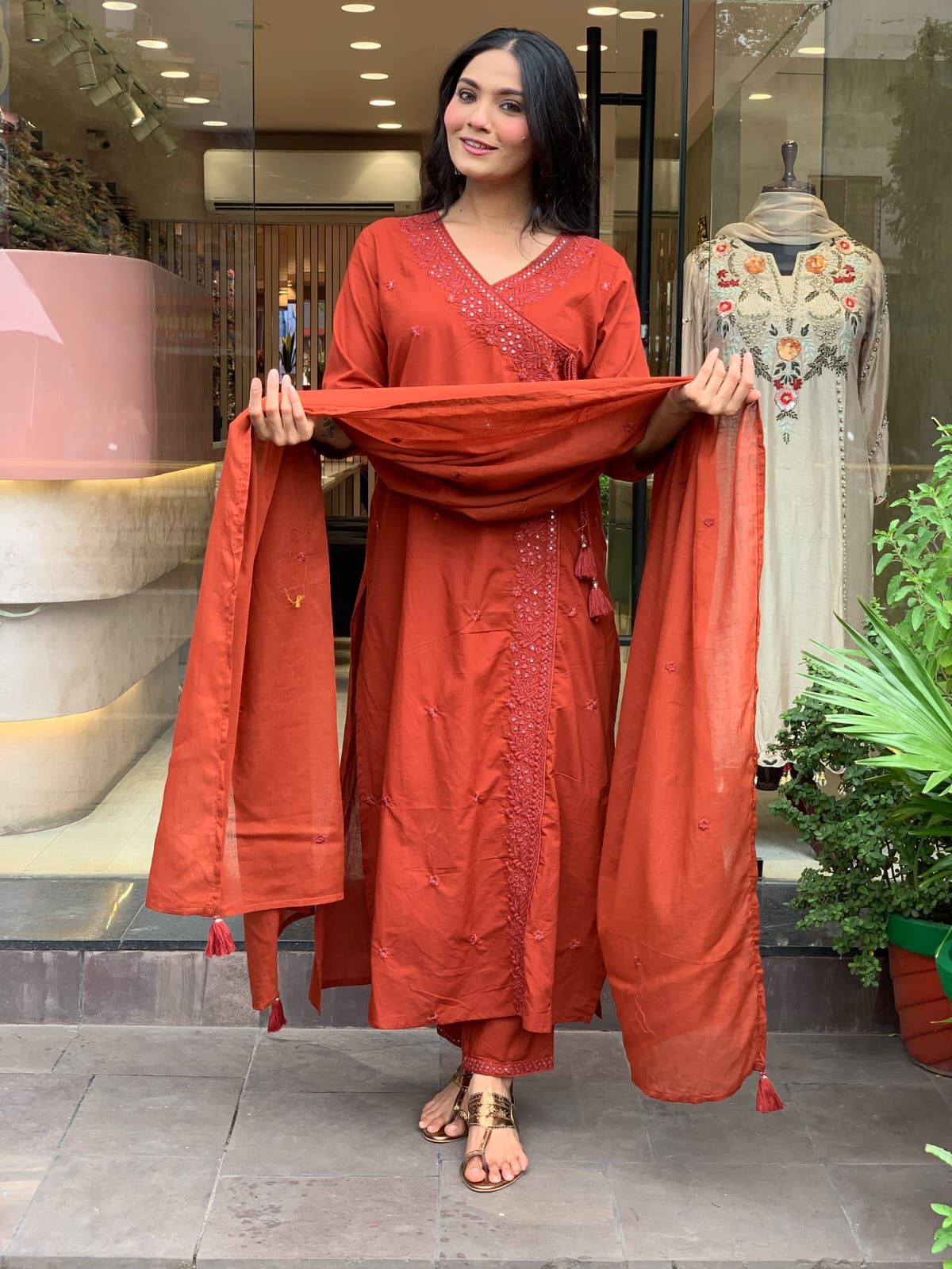 Rust Orange Embroidered Straight Kurta Set with Dupatta – Festive & Party Wear for Women