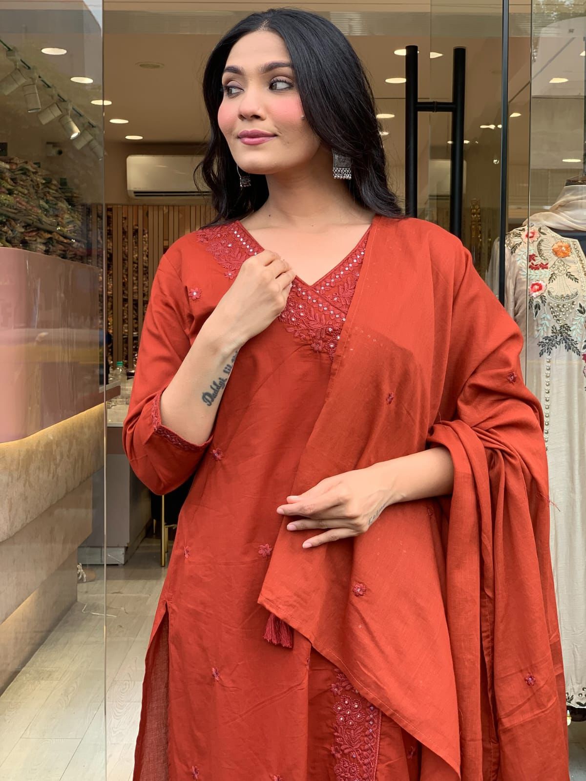 Rust Orange Embroidered Straight Kurta Set with Dupatta – Festive & Party Wear for Women
