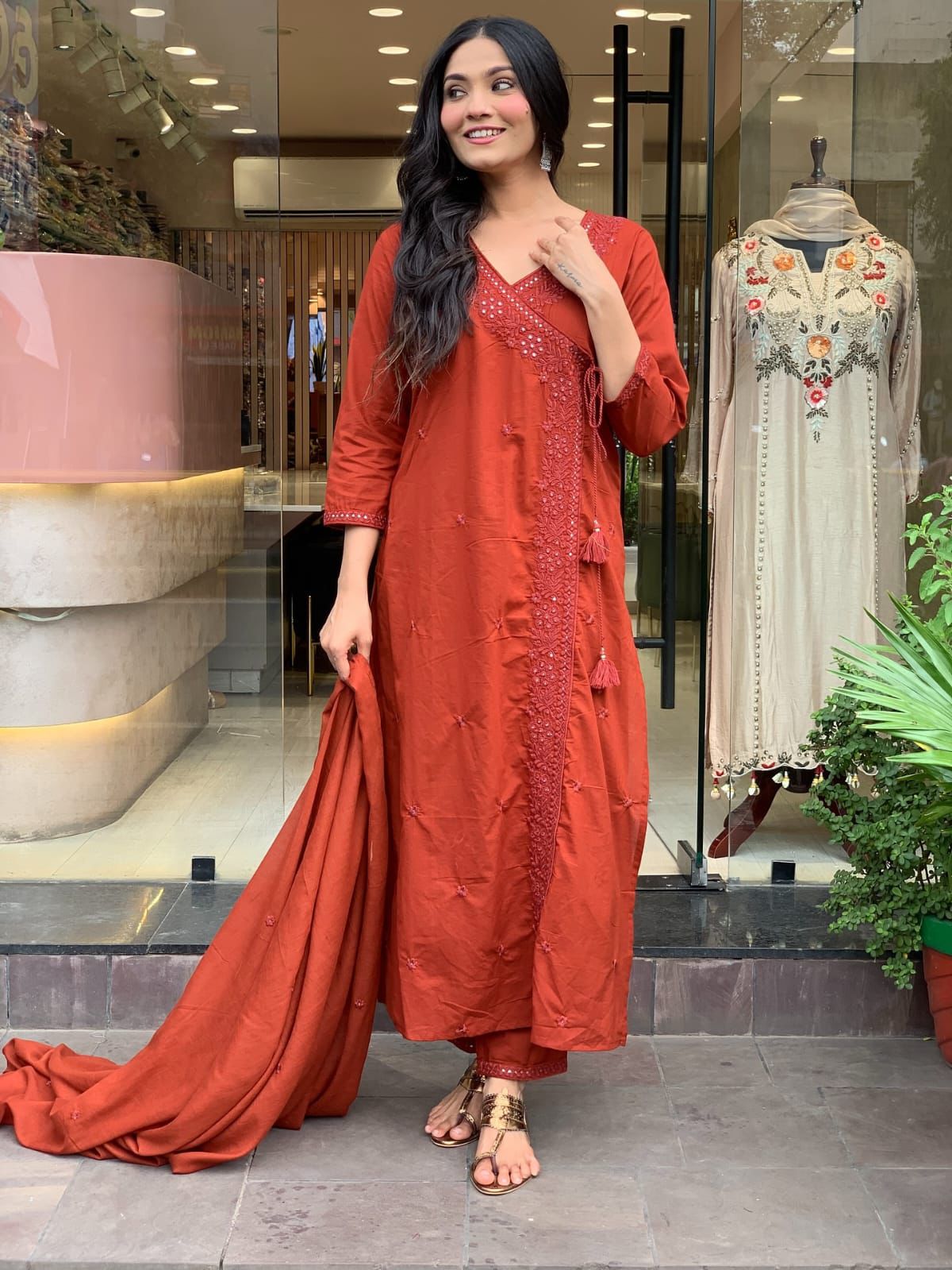 Rust Orange Embroidered Straight Kurta Set with Dupatta – Festive & Party Wear for Women
