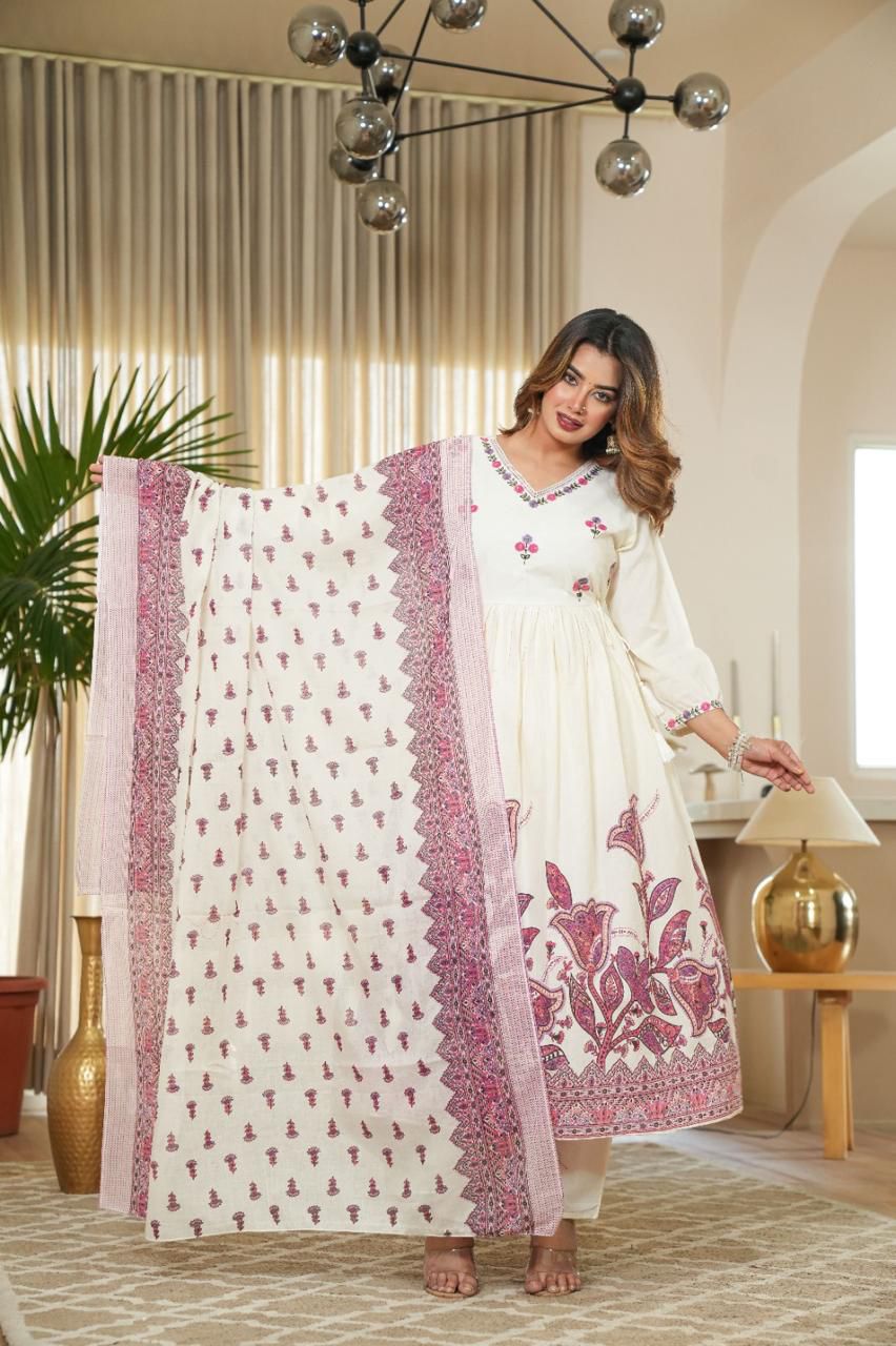 Ivory White Anarkali Kurta Set with Pink Floral Print & Dupatta – Ethnic Elegance for Women
