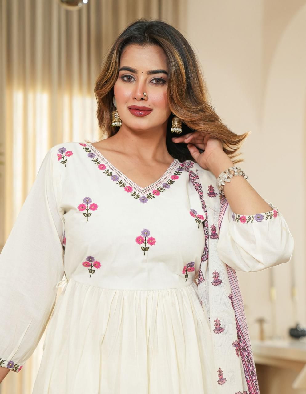 Ivory White Anarkali Kurta Set with Pink Floral Print & Dupatta – Ethnic Elegance for Women