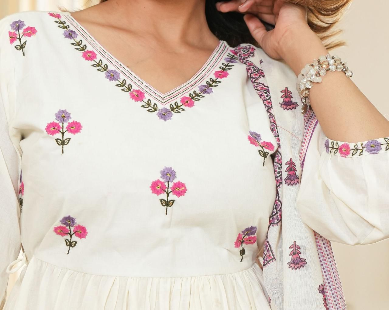 Ivory White Anarkali Kurta Set with Pink Floral Print & Dupatta – Ethnic Elegance for Women