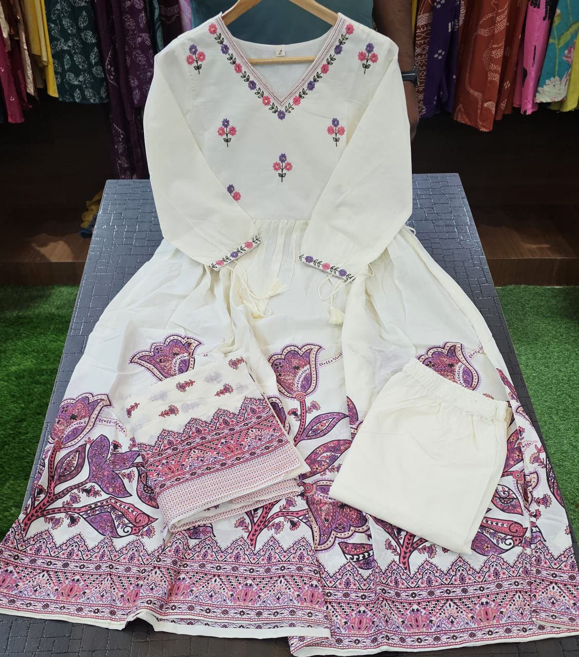 Ivory White Anarkali Kurta Set with Pink Floral Print & Dupatta – Ethnic Elegance for Women