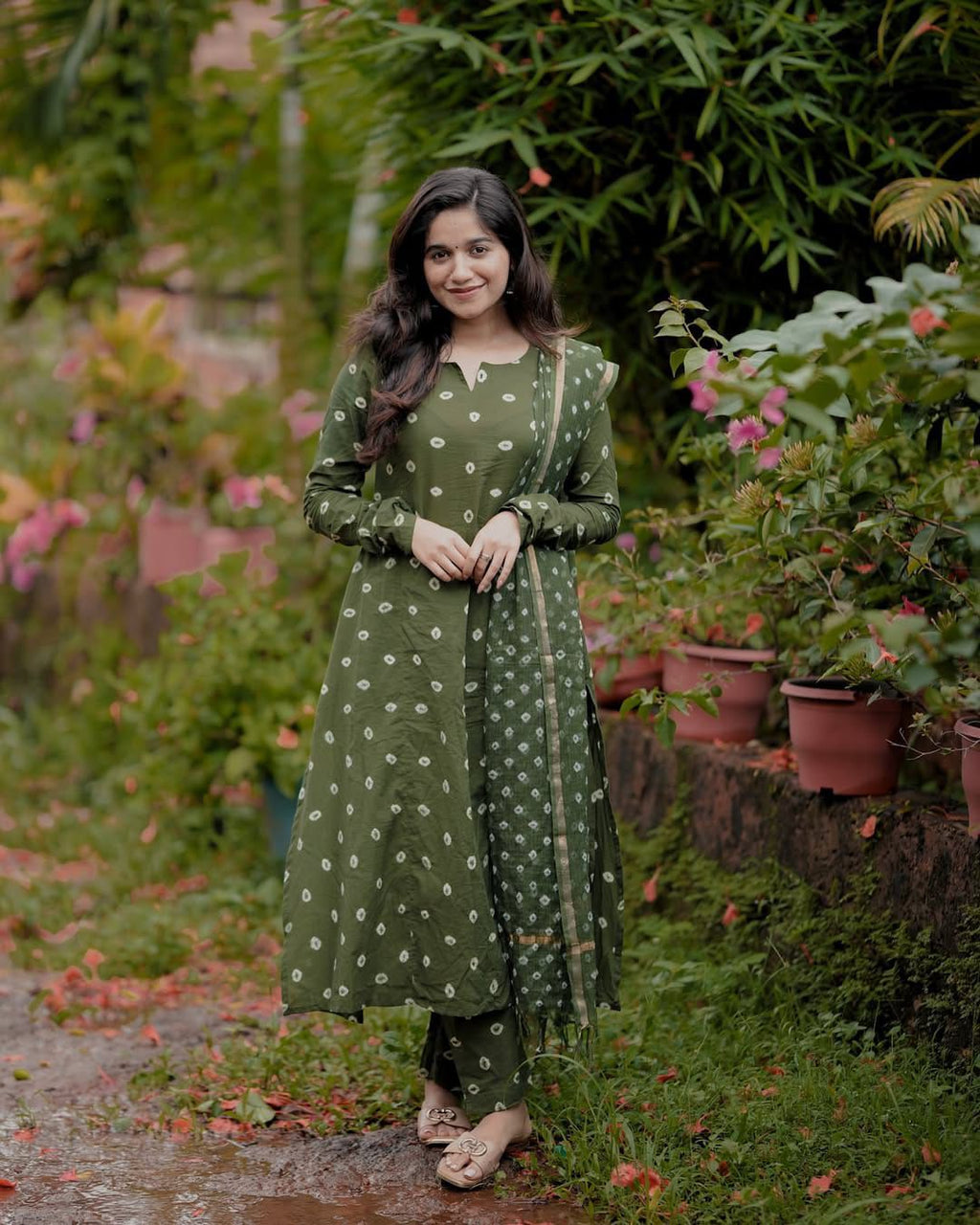 Olive Green Printed Cotton Kurta Set with Dupatta – Elegant Ethnic Wear for Women