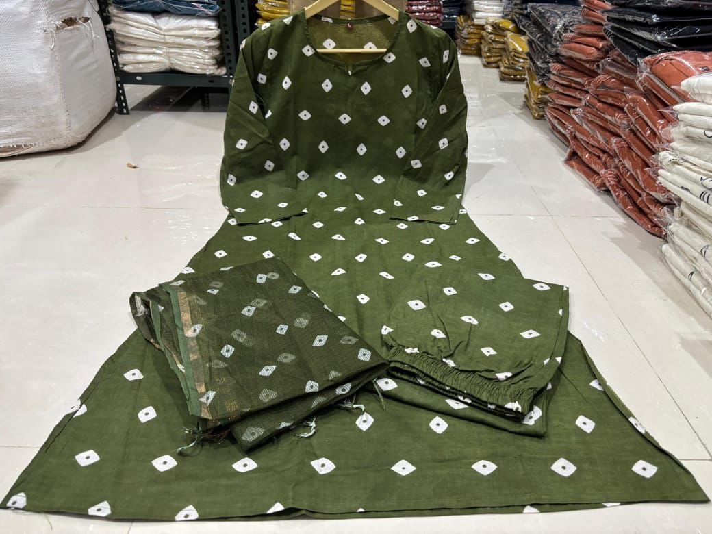 Olive Green Printed Cotton Kurta Set with Dupatta – Elegant Ethnic Wear for Women