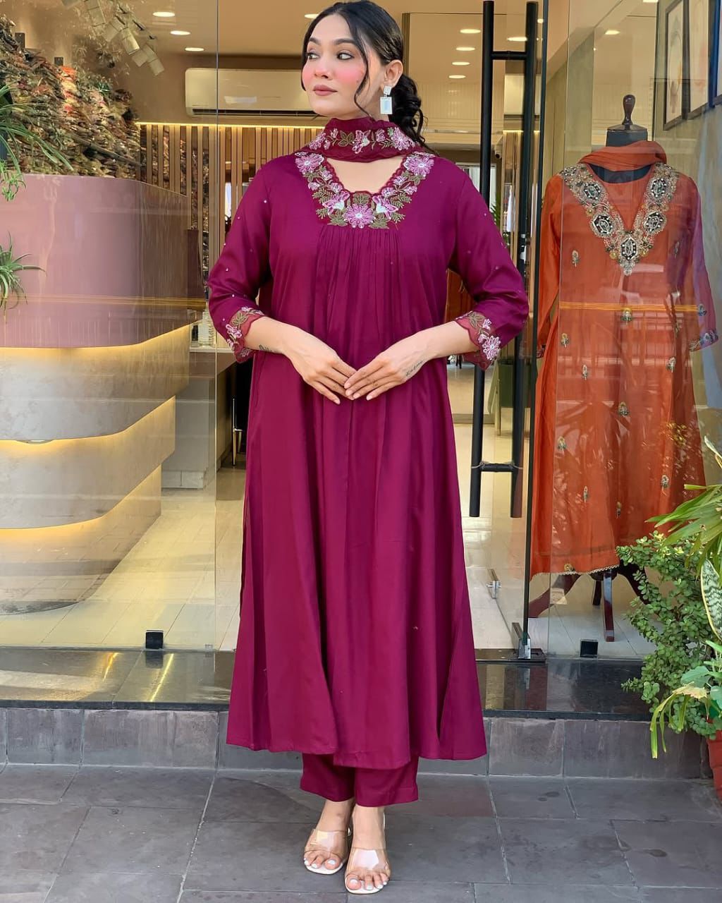 Rich Magenta/Maroon Flared Suit with Floral Embroidery