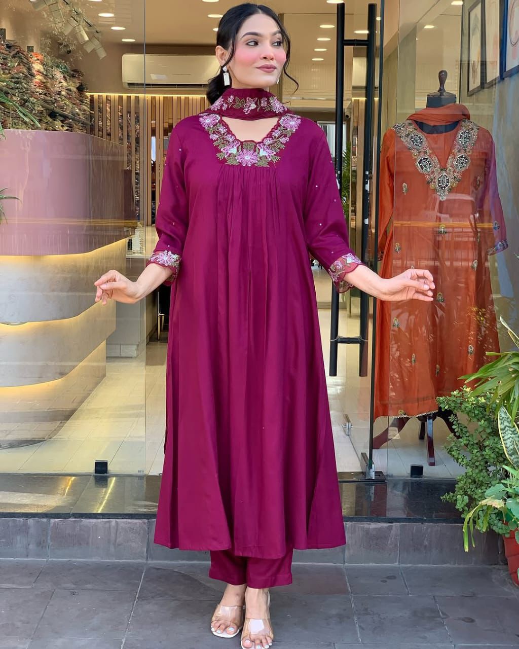 Rich Magenta/Maroon Flared Suit with Floral Embroidery