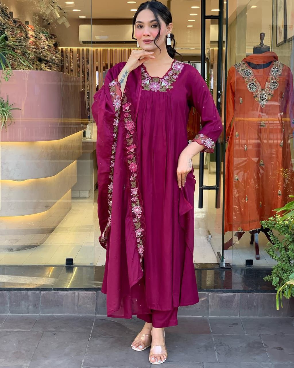 Rich Magenta/Maroon Flared Suit with Floral Embroidery
