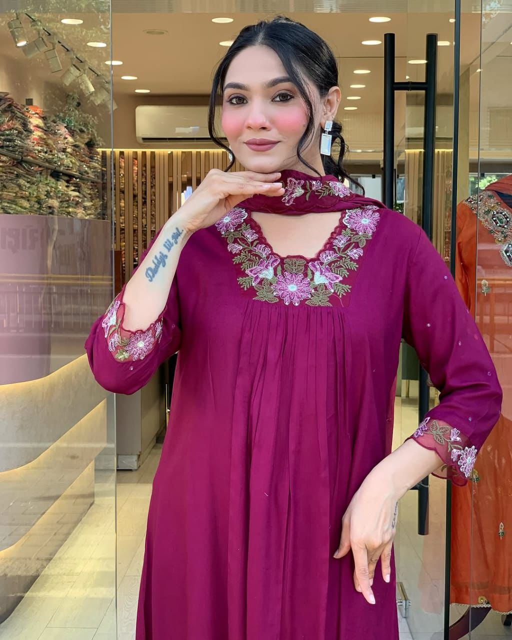 Rich Magenta/Maroon Flared Suit with Floral Embroidery