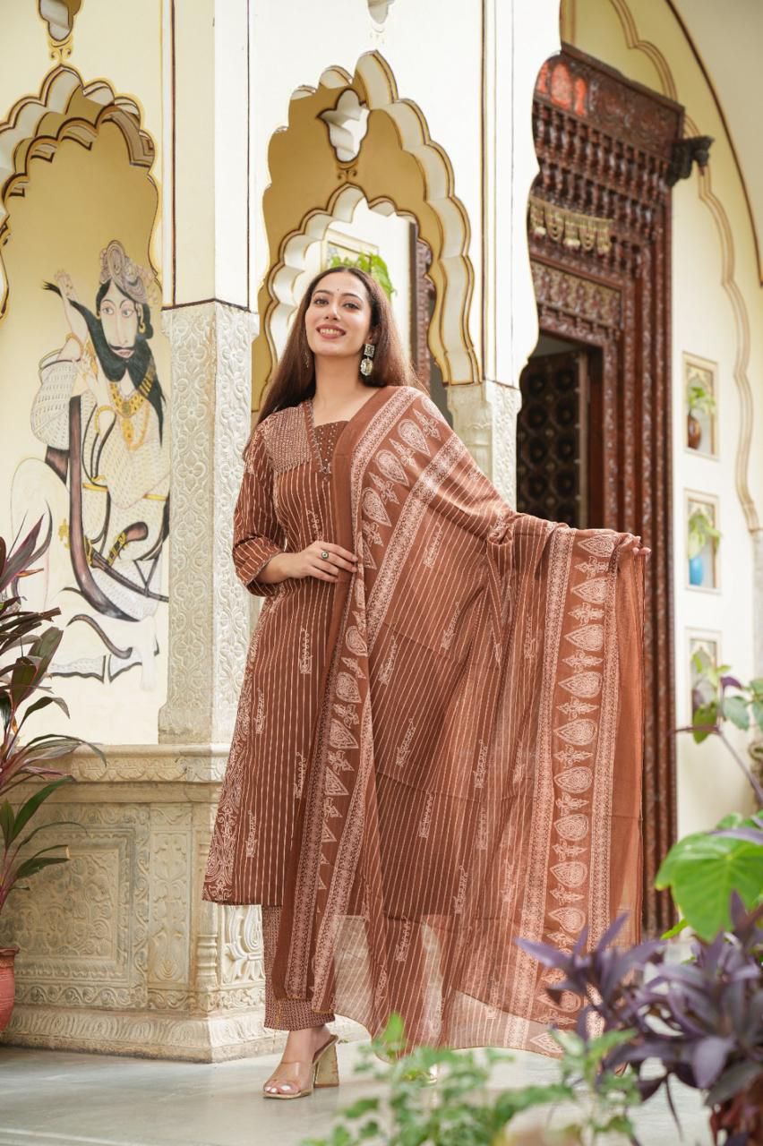 Earthy Brown Geometric Print Suit Set