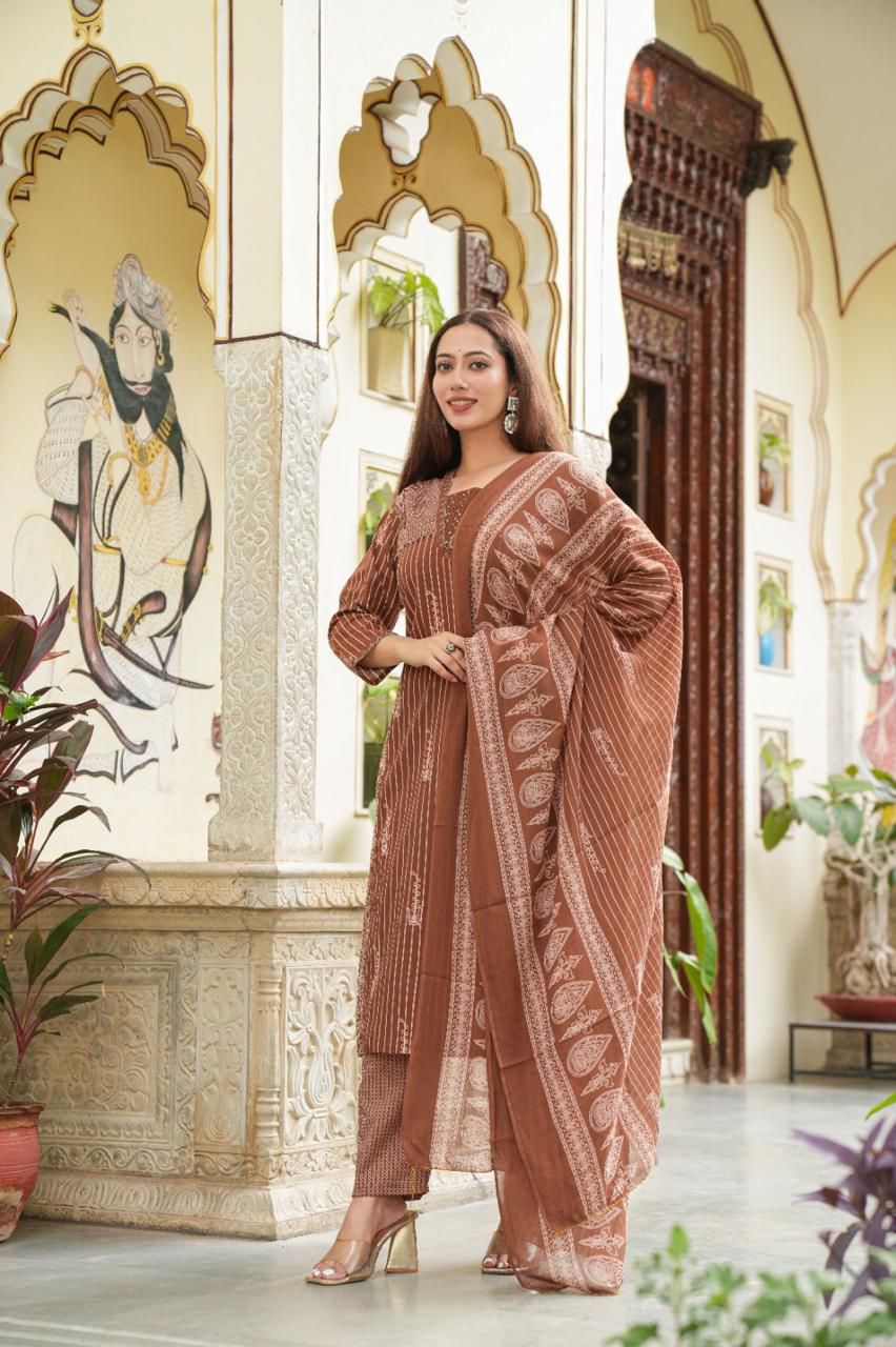 Earthy Brown Geometric Print Suit Set
