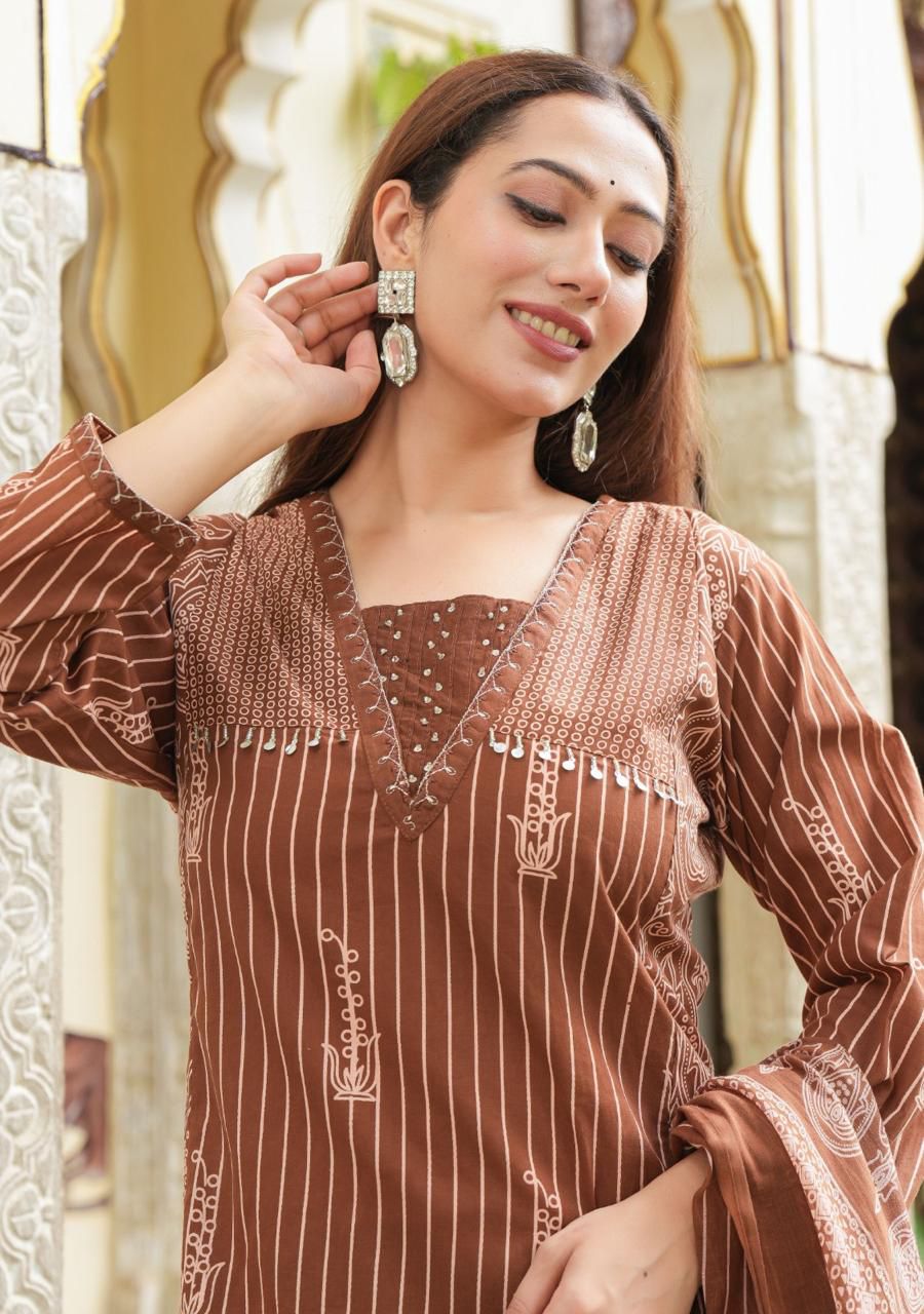 Earthy Brown Geometric Print Suit Set