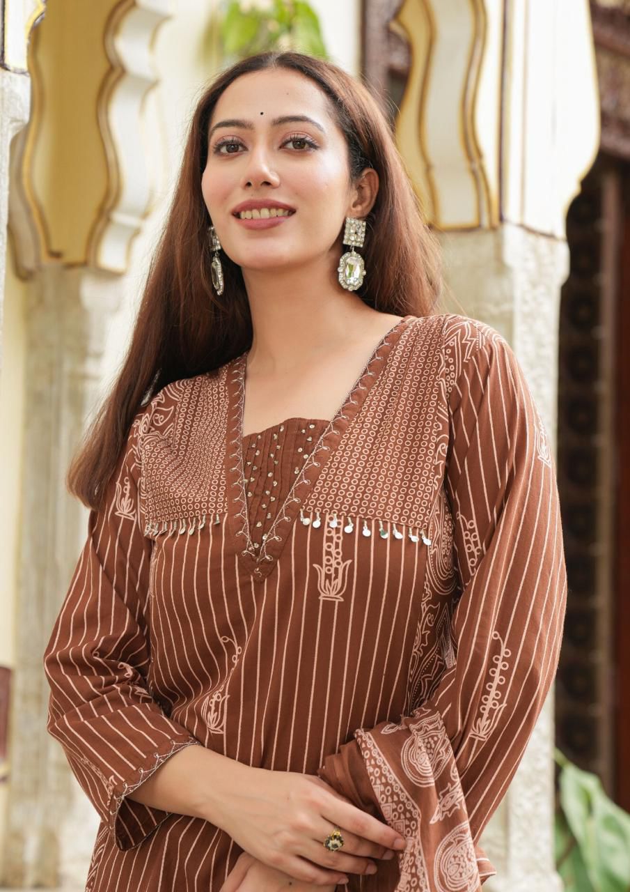 Earthy Brown Geometric Print Suit Set