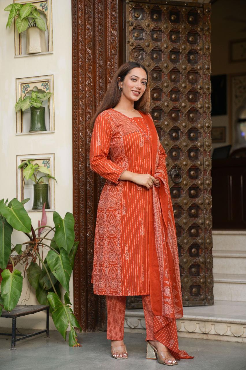 Earthy Terracotta Geometric Print Suit Set