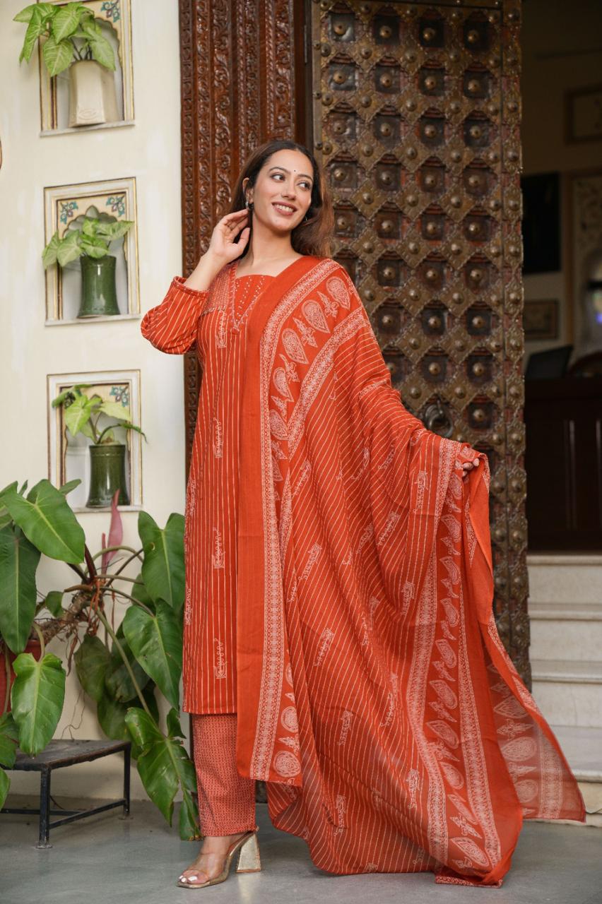 Earthy Terracotta Geometric Print Suit Set