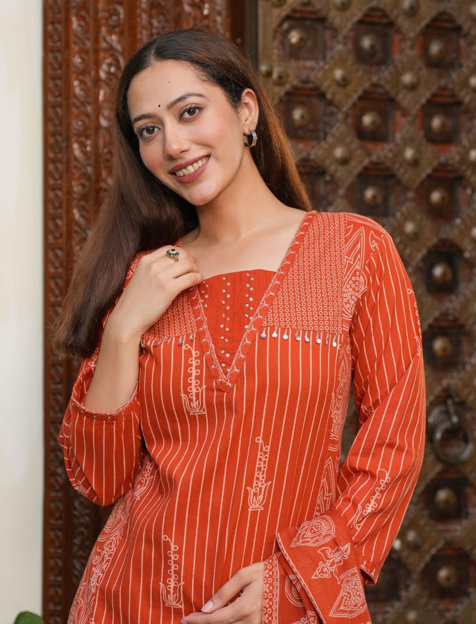 Earthy Terracotta Geometric Print Suit Set