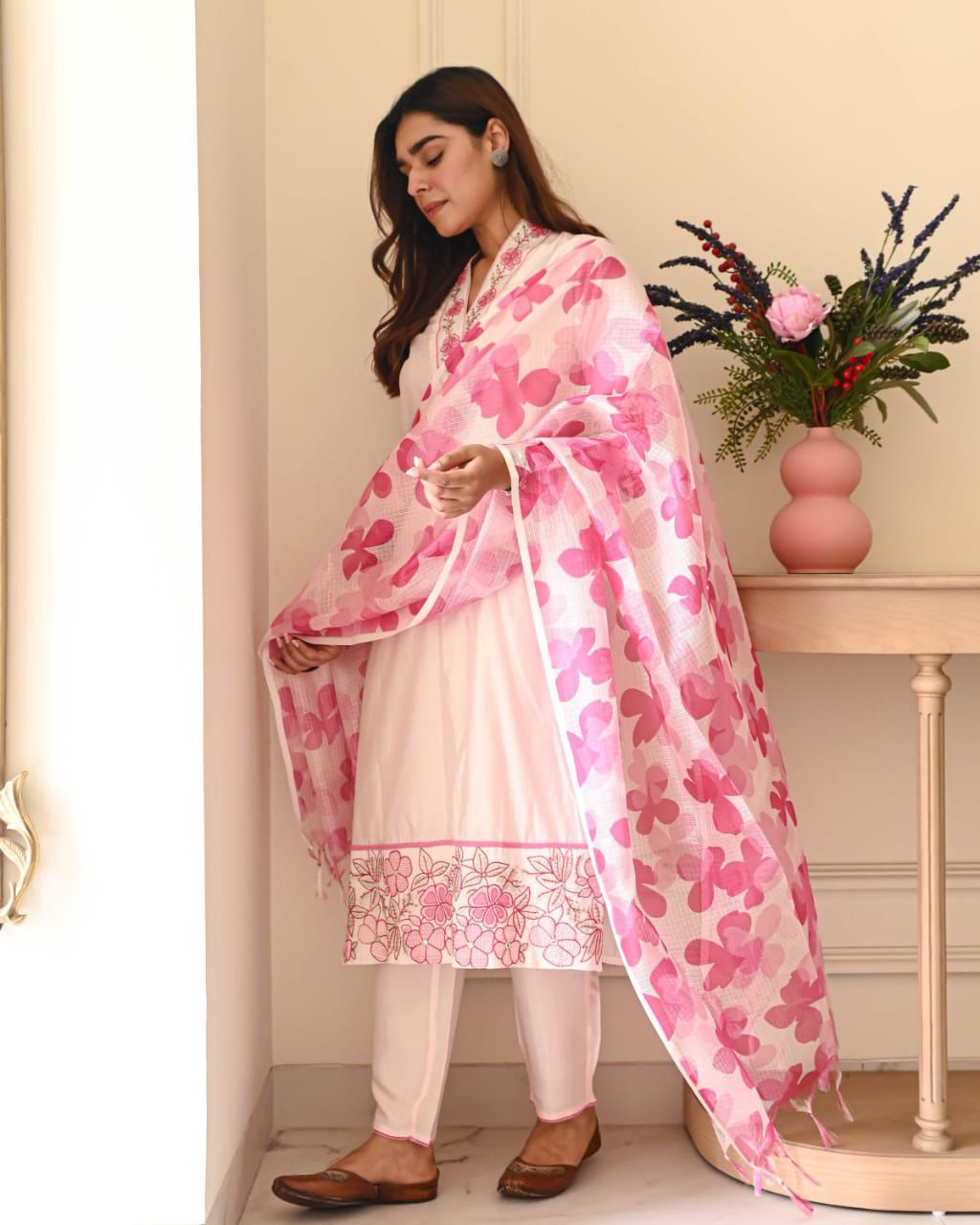 Blush Pink Kurta Set with Statement Floral Dupatta