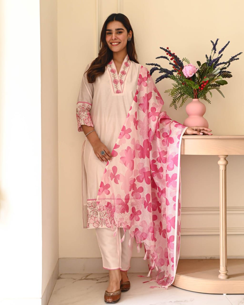 Blush Pink Kurta Set with Statement Floral Dupatta