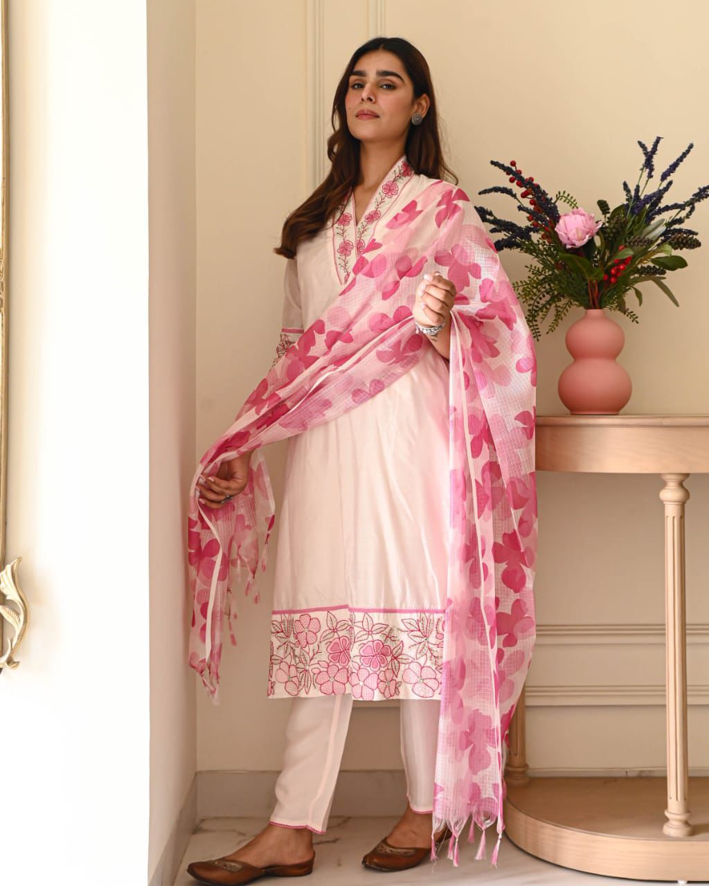 Blush Pink Kurta Set with Statement Floral Dupatta