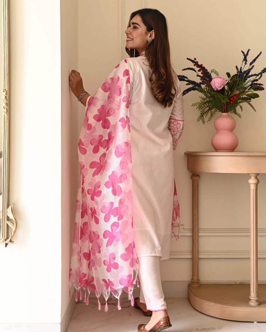 Blush Pink Kurta Set with Statement Floral Dupatta